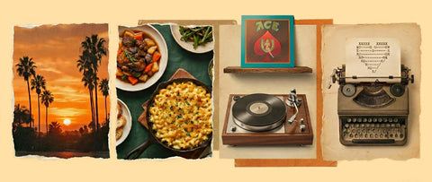 Collage featuring a sunset, plates of food, a vintage vinyl record player, a typewriter, and a framed Ace of Hearts card.