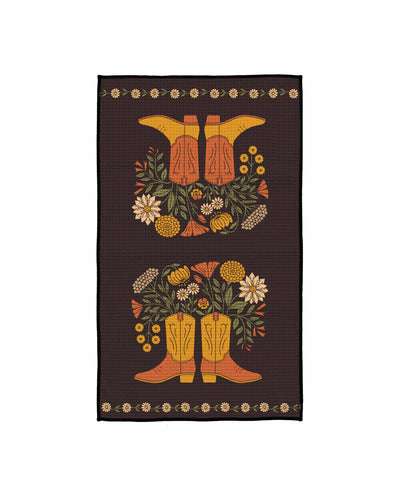 Western Bloom Kitchen & Tea Towel with colorful floral and boot design, made from eco-friendly recycled materials, quick-drying and lint-free.