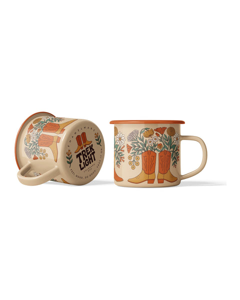 Western Bloom Enamel Mug 16oz with vintage boot design, durable and lightweight camp-style enamelware, ideal for cozy mornings.
