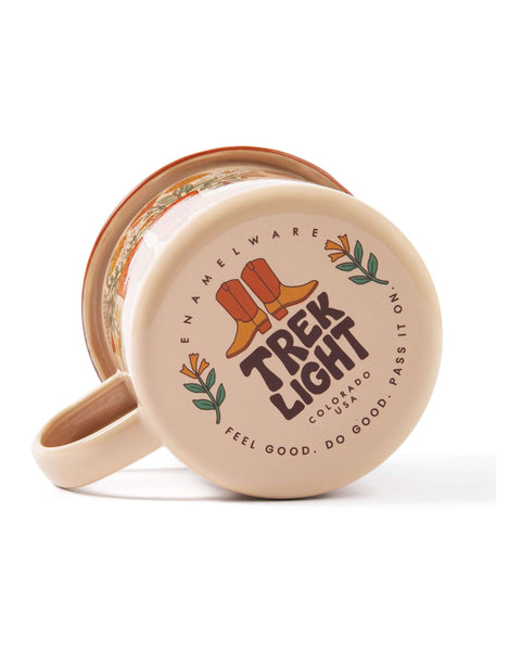 Bottom view of Western Bloom 16oz enamel mug with Trek Light design, featuring western boots and floral details for a rustic charm.