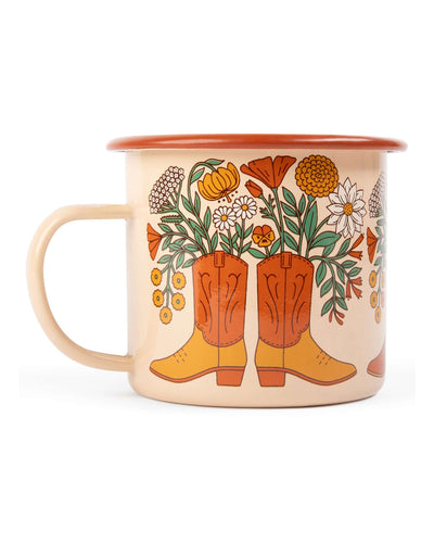 Western Bloom Enamel Mug 16oz featuring colorful cowboy boots and flowers. Perfect for outdoor sips. Trek Light style.