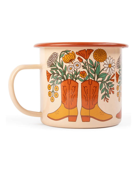 Western Bloom Enamel Mug 16oz featuring colorful cowboy boots and flowers. Perfect for outdoor sips. Trek Light style.