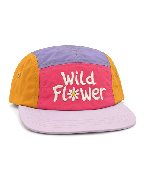 Wild Flower Kids Hat is a five-panel cap in purple, pink and orange with a white embroidered daisy logo, shown on white.