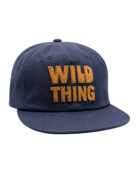 Wild Thing Kids Hat in navy blue with orange lettering, perfect for toddlers and kids, offering adjustable fit and durable design.