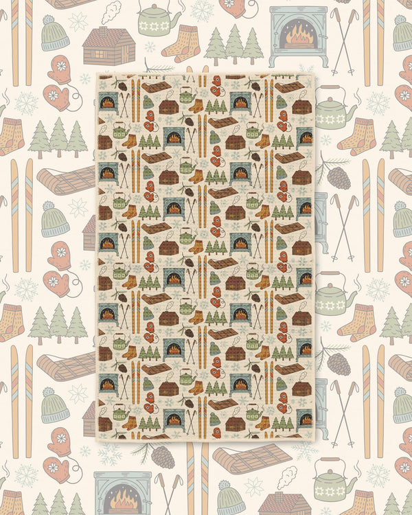 Winter Wonderland Kitchen & Tea Towel with cabin, skis, mittens, kettles and pine trees in a winter pattern