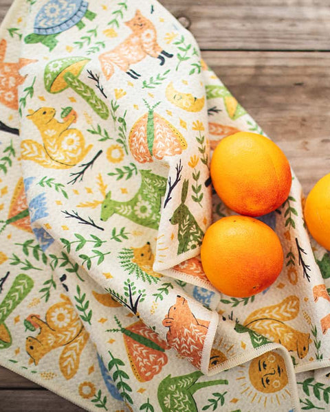 Woodland Friends Kitchen & Tea Towel with vibrant designs, eco-friendly recycled materials, and super absorbent Grip-Tex™ fabric.