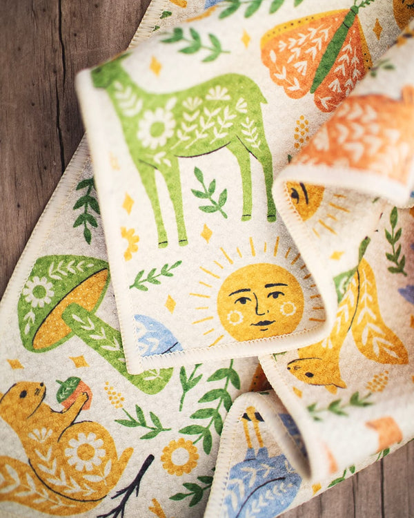 Woodland Friends Kitchen & Tea Towel with vibrant double-sided designs, eco-friendly material, and quick-drying Super Absorbent Grip-Tex™