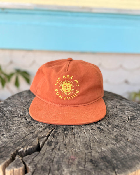 You Are My Sunshine Hat displayed on a wooden surface, featuring vibrant sunshine design and adjustable fit.