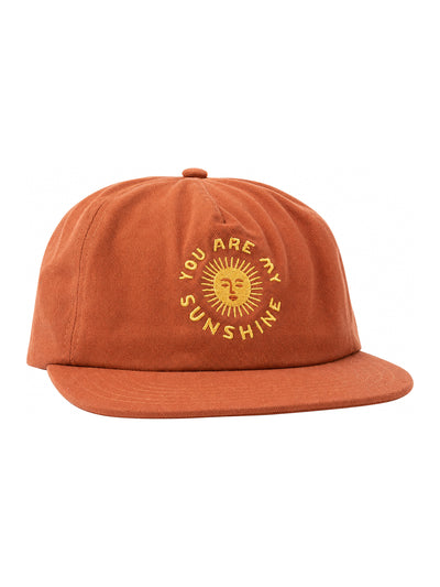 "You Are My Sunshine" hat with embroidered sun design, 5-panel snapback by Trek Light, 100% cotton twill, flat brim, unisex fit.