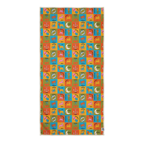 Zodiac travel towel with bright multi-colored grid pattern featuring all 12 astrology signs, animals, and celestial symbols in vibrant orange, blue, yellow, and green