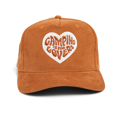 Brown 'Camping Is For Lovers' hat, 5-panel snapback style. Perfect for outdoor fun! Trek Light approved!