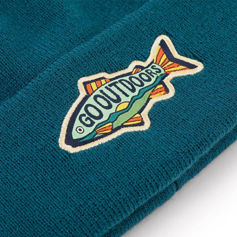 Go Outdoors Kids Beanie with colorful fish patch promoting "Go Outdoors!" Ideal for Trek Light adventures.