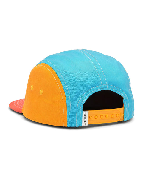 Happiest Camper Kids Hat, a five-panel cap in blue, orange and coral cotton twill with a yellow snap strap, on white.