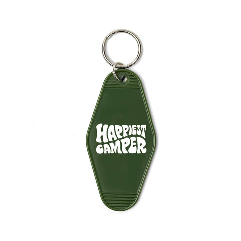 Happiest Camper key tag in retro motel style by Trek Light, perfect for van life enthusiasts and vintage lovers.