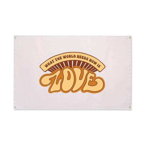 Trek Light 'What The World Needs Now' canvas flag with retro 'Love' design, crafted from natural cotton with brass grommets for hanging.