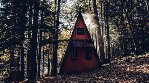 A red A-frame cabin nestled among tall pine trees, with smoke rising from the chimney.