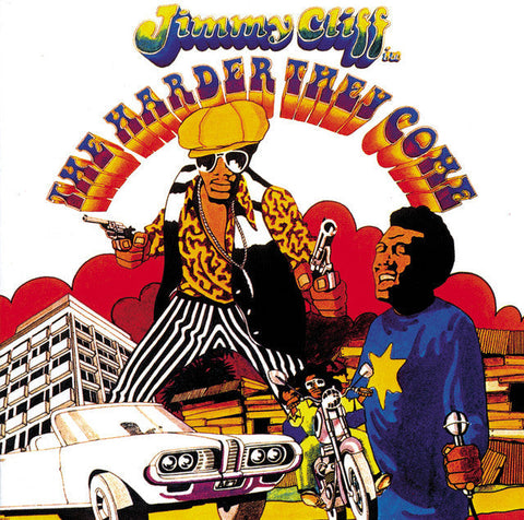 Colorful illustration of a movie poster featuring Jimmy Cliff for the film The Harder They Come with bold retro text and vibrant imagery.