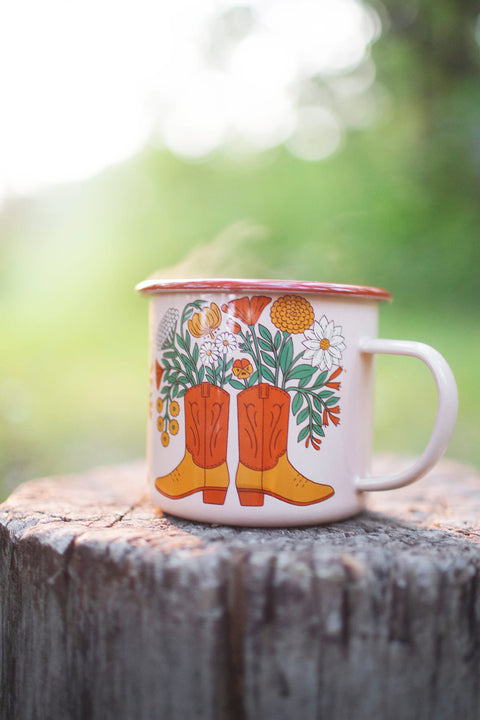Western Bloom enamel mug 16oz styled flat with a floral boot design, ready to gift