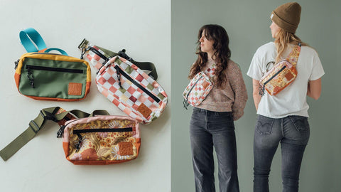 Trek Light Everyday Fanny Pack collection showcasing trendy, colorful designs with models wearing the packs crossbody style.