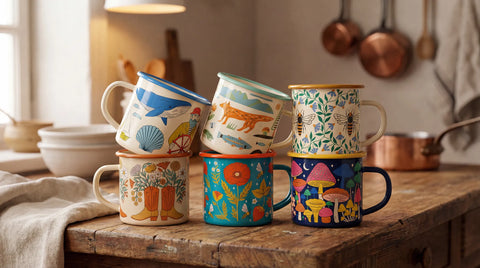 Colorful Trek Light enamel mugs stacked on a wooden table beside a vase of wildflowers.