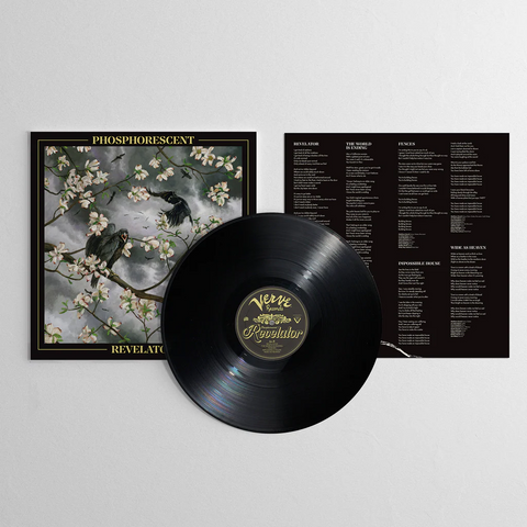 Vinyl record and album cover featuring an artwork with birds and flowers, from Phosphorescent's "Revelator" collection.