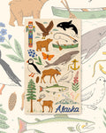 Alaska Kitchen & Tea Towel with Alaska icons like an eagle, orca, bear, moose and puffin on cream