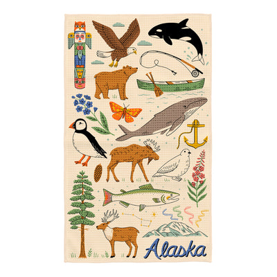 Alaska kitchen tea towel illustrated with bald eagle, orca, brown bear, moose, puffin, whale, salmon and totem pole on cream