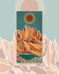 Alpenglow Wander & Travel Towel with orange and teal mountain lake print, set against pink peaks and a sun.