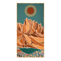 Alpenglow Wander Towel featuring a unique mountain and sun design, made from recycled materials and perfect for travel with quick-dry technology.