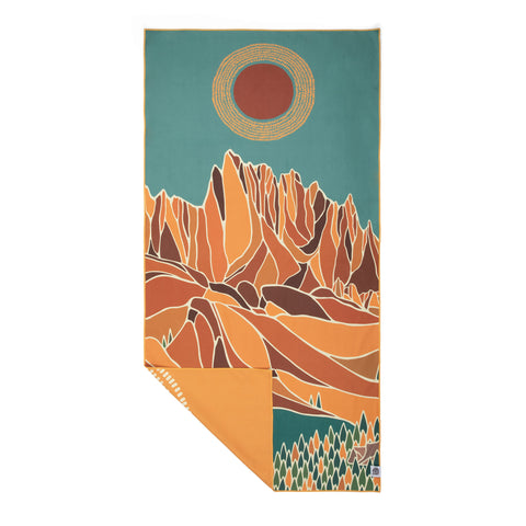 Alpenglow Wander Towel - Eco-friendly, lightweight Trek Light towel with vibrant mountain design; dries fast and absorbs 4X its weight.