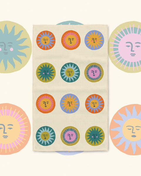 Always Sunny Kitchen & Tea Towel with smiling suns in orange, teal, pink and yellow on cream