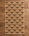 Bats & Blooms waffle kitchen tea towel reverse side laid flat: gold with navy bats and floral vines