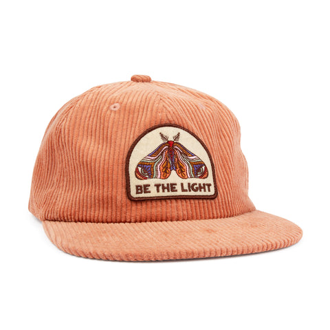 Trek Light "Be The Light" hat with moth design, 6-panel unisex snapback, flat brim in corduroy. Stylish headwear for all sizes.