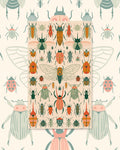 Beetlemania Kitchen & Tea Towel with orange, green and pink beetles and a central cicada on a cream background