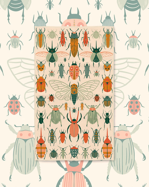 Beetlemania Kitchen & Tea Towel with orange, green and pink beetles and a central cicada on a cream background