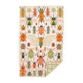 Colorful beetle-patterned kitchen and dish towel made from 100% recycled materials, featuring eco-friendly, quick-drying fabric.