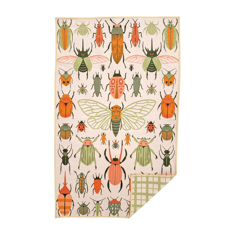 Colorful beetle-patterned kitchen and dish towel made from 100% recycled materials, featuring eco-friendly, quick-drying fabric.
