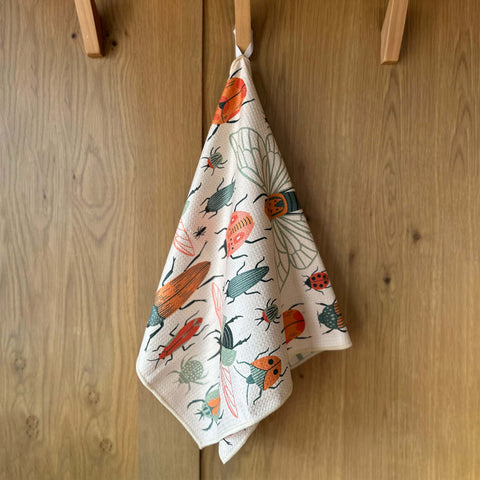 Beetlemania Kitchen & Tea Towel with insect design, eco-friendly, made from recycled materials, featuring absorbent Grip-Tex™ fabric.