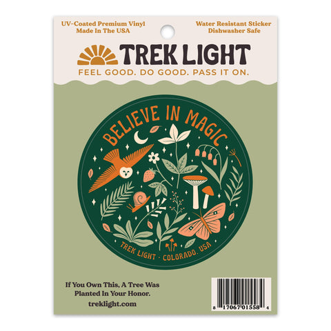 Believe In Magic sticker with nature design, UV protected, waterproof, dishwasher safe, high-quality vinyl, 2.8"x2.8". By Trek Light.