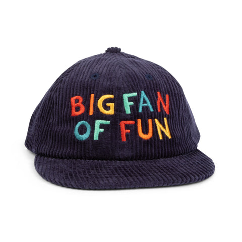 Big Fan Of Fun Kids Hat, Trek Light, 6-panel snapback, flat brim, 100% cotton corduroy, colorful embroidered text.