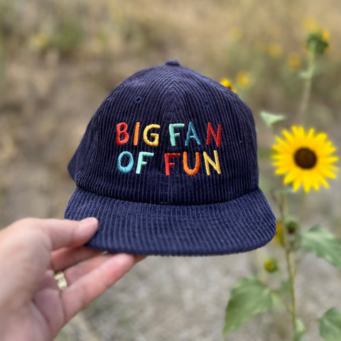 Trek Light unisex kids snapback hat with 'Big Fan Of Fun' text, 100% cotton corduroy, perfect for toddlers and youth. Flat brim style.