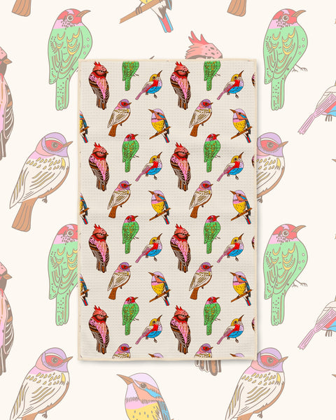 Bird Song Kitchen & Tea Towel with colorful red, green and blue birds on a cream background
