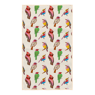 Bird Song Kitchen Tea Towel with vibrant bird patterns, eco-friendly, super absorbent Grip-Tex™ fabric, and quick-drying design.