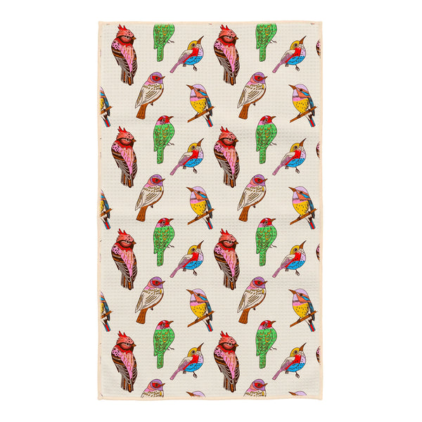 Bird Song Kitchen Tea Towel with vibrant bird patterns, eco-friendly, super absorbent Grip-Tex™ fabric, and quick-drying design.