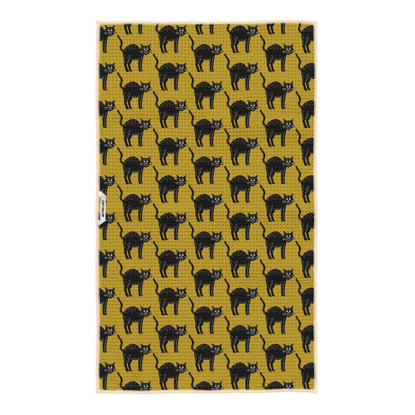 Black Cats Kitchen Tea Towel featuring a vibrant black cat pattern on a yellow background, perfect for stylish kitchens.