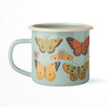 Side view of 16oz Butterfly Beauty enamel camping mug with cream rolled rim, yellow swallowtail, monarch, and pink