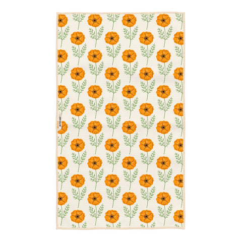 California Kitchen & Tea Towel with orange floral pattern, eco-friendly recycled materials, and super absorbent Grip-Tex™ fabric.
