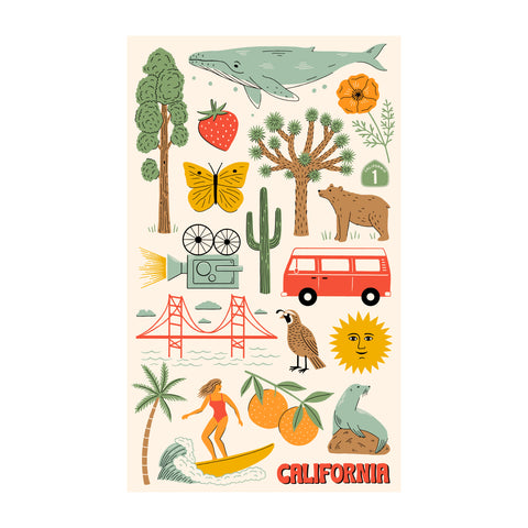 Illustration on California Kitchen & Tea Towel featuring iconic California symbols like trees, a whale, and the Golden Gate Bridge.