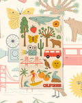 California Kitchen & Tea Towel with California icons like a surfer, camper van, bridge, bear and oranges on cream