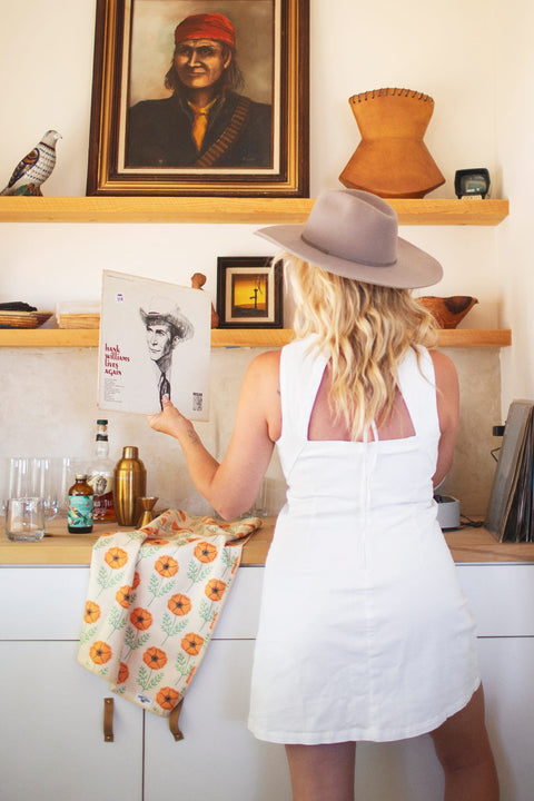 California Kitchen & Tea Towel displayed in a cozy kitchen with vibrant design and decor.